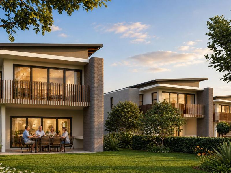 A modern residential exterior featuring a covered patio, upper-level balcony with timber slat balustrades, and a well-maintained landscaped garden.