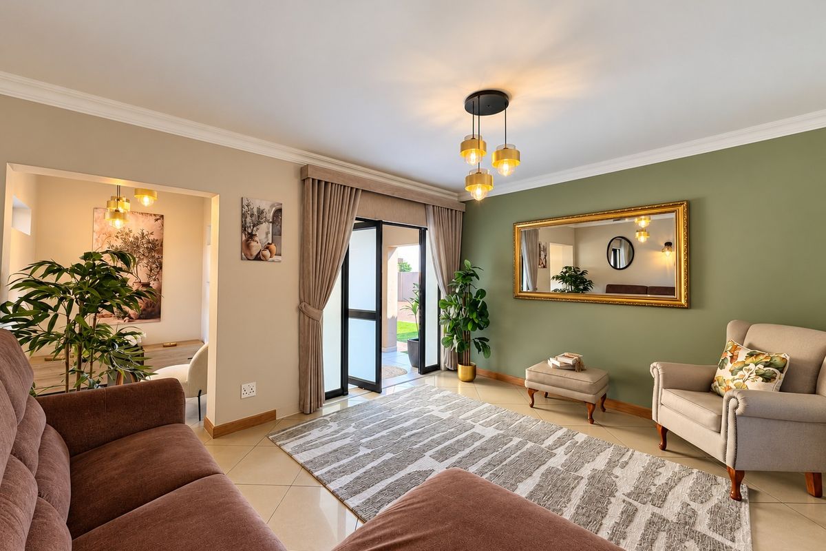 A well-maintained living room featuring tiled floors, an accent wall, and a sliding glass door providing access to the outdoor area.