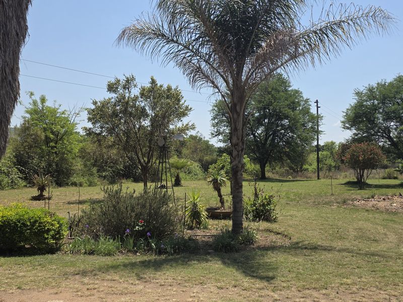 A spacious, established garden area featuring mature trees, landscaped beds, and a traditional windmill on the small holding property.