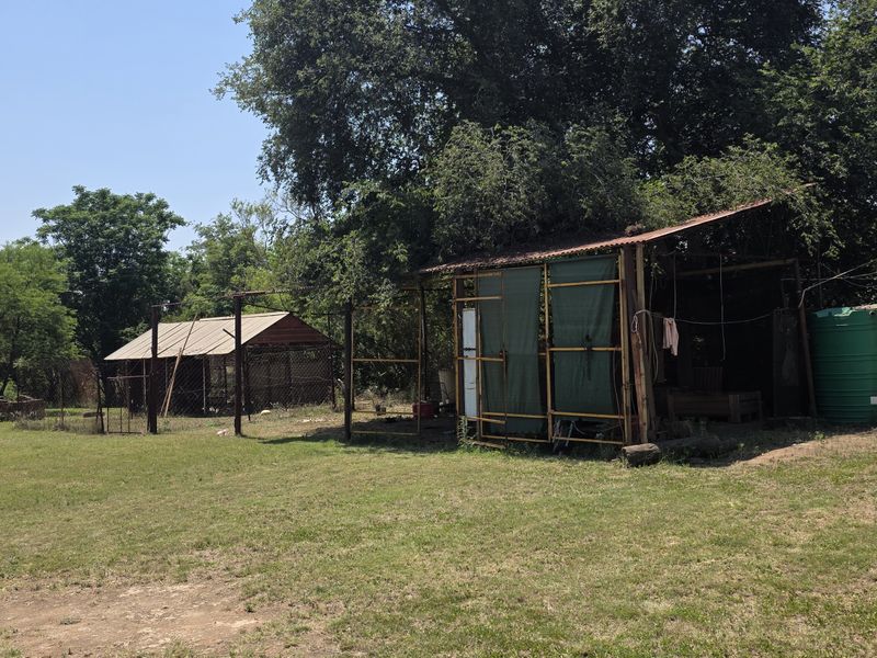 Expansive garden area featuring mature trees, basic metal outbuildings, and a water storage tank on a small holding property.