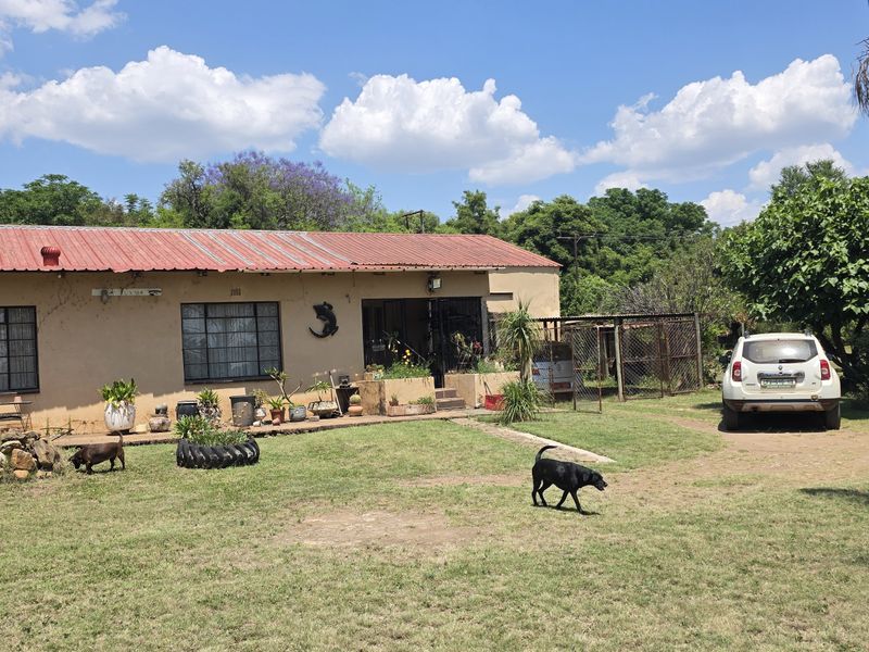Front elevation of a small holding dwelling featuring a corrugated metal roof, steel-framed windows with security bars, and an adjacent fenced outdoor area.