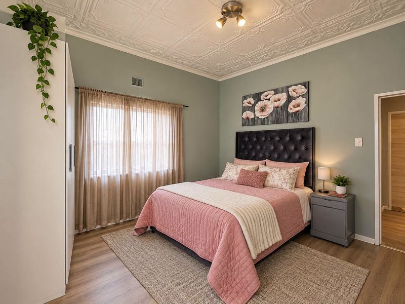 A well-maintained bedroom featuring a decorative pressed metal ceiling, laminate flooring, and a built-in wardrobe.