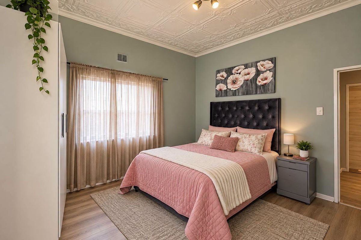 A well-maintained bedroom featuring a decorative pressed metal ceiling, laminate flooring, and a built-in wardrobe.