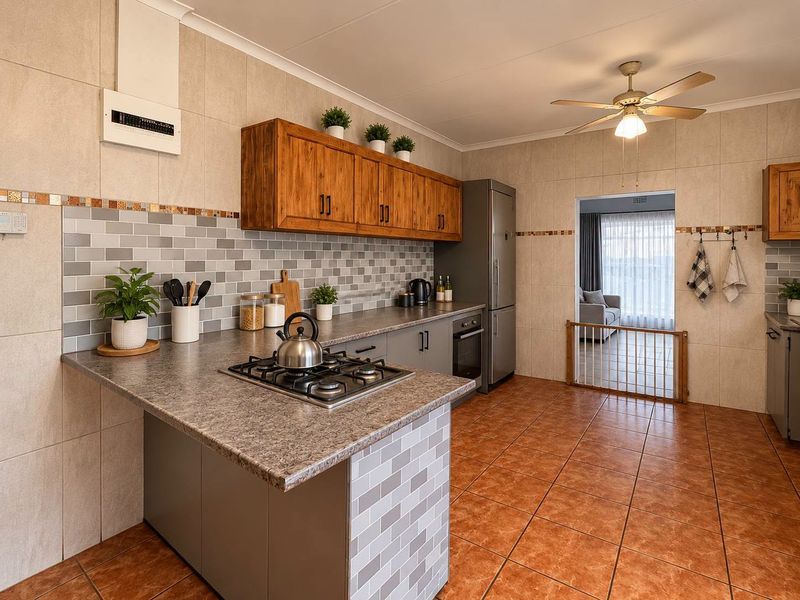A well-maintained kitchen featuring a gas cooktop, built-in oven, tiled splashback, and ample wooden cabinetry, with a seamless flow into the adjacent living area.