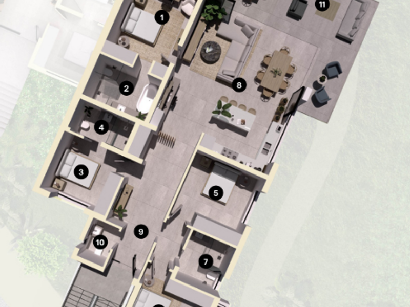 A detailed 3D floor plan showing a spacious apartment layout with three bedrooms, two bathrooms, an open-plan living area, and a large outdoor patio.