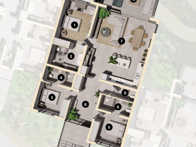 A detailed 3D floor plan illustrating the layout of the apartment, including bedrooms, bathrooms, open-plan living areas, and a balcony.