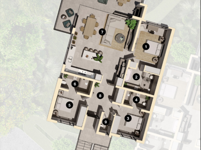 A detailed architectural floor plan showing the layout of an apartment, including bedrooms, bathrooms, kitchen, living area, and a spacious outdoor terrace.