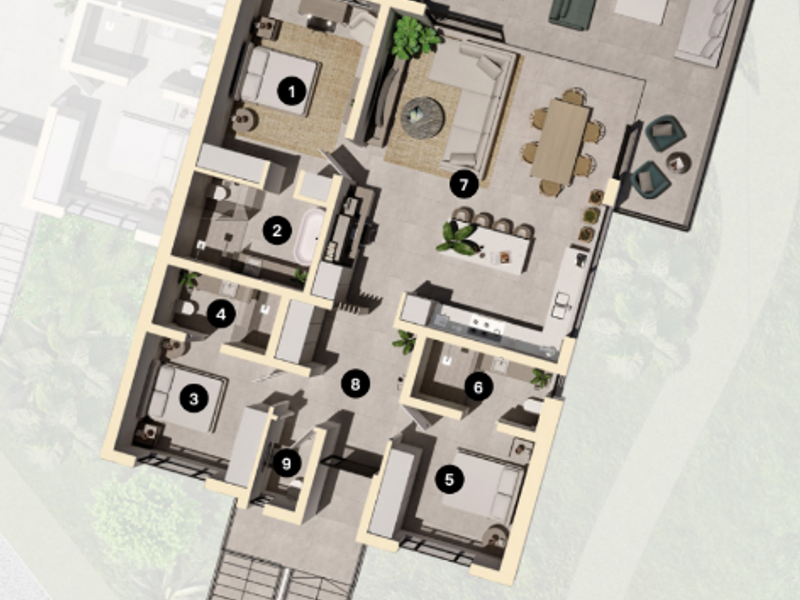 A detailed 3D floor plan illustrating the layout of a multi-bedroom apartment, including living areas, kitchen, bathrooms, and a spacious balcony.