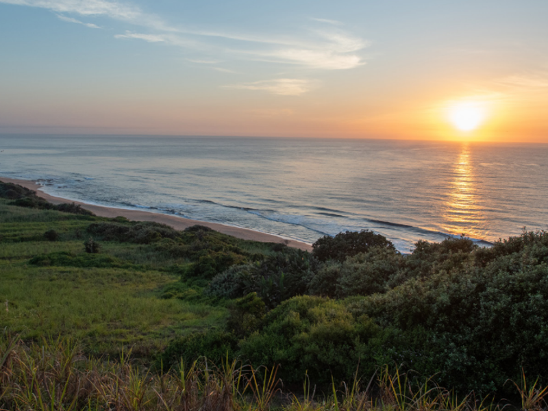 A scenic coastal view featuring a sunset over the ocean with natural vegetation and a sandy beach shoreline.