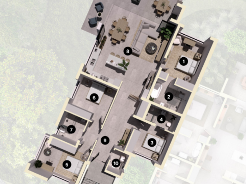 A detailed architectural floor plan illustrating the layout of a multi-bedroom apartment, including living areas, kitchen, bathrooms, and a spacious balcony.