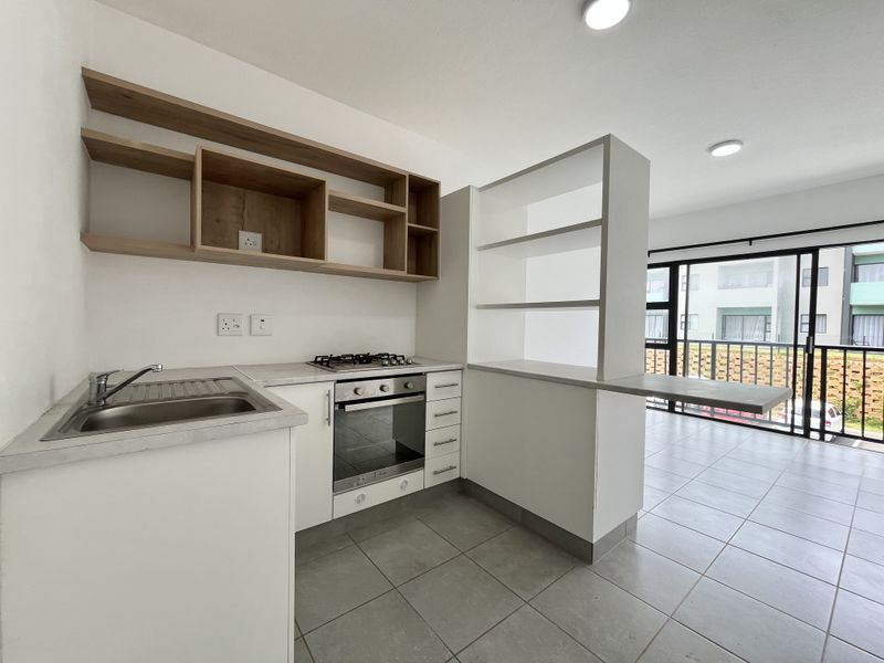 Modern open-plan kitchen featuring built-in oven, gas hob, stainless steel sink, and ample shelving, seamlessly connecting to a bright living area with sliding doors.