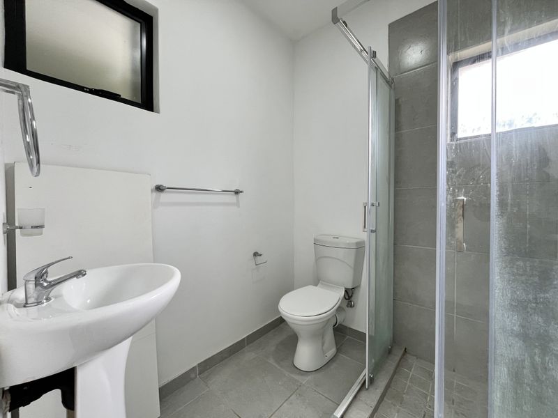 A functional bathroom featuring a pedestal sink, toilet, and a glass-enclosed shower with grey tiled flooring and wall accents.