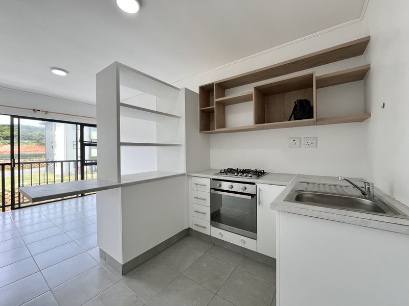 Modern kitchen featuring a gas hob, built-in oven, stainless steel sink, and open shelving, seamlessly connected to an open-plan living area with balcony access.