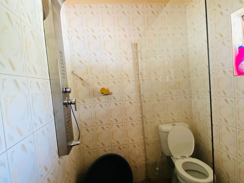 A compact bathroom featuring a modern stainless steel shower panel, glass screen, and standard toilet with tiled finishes throughout.