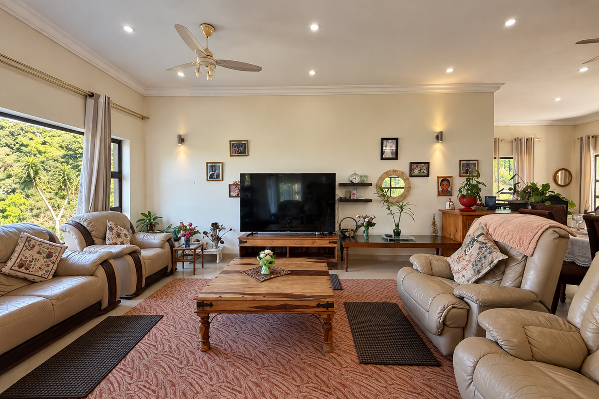 Spacious living room featuring recessed downlights, a ceiling fan, and a large window providing natural light and garden views.