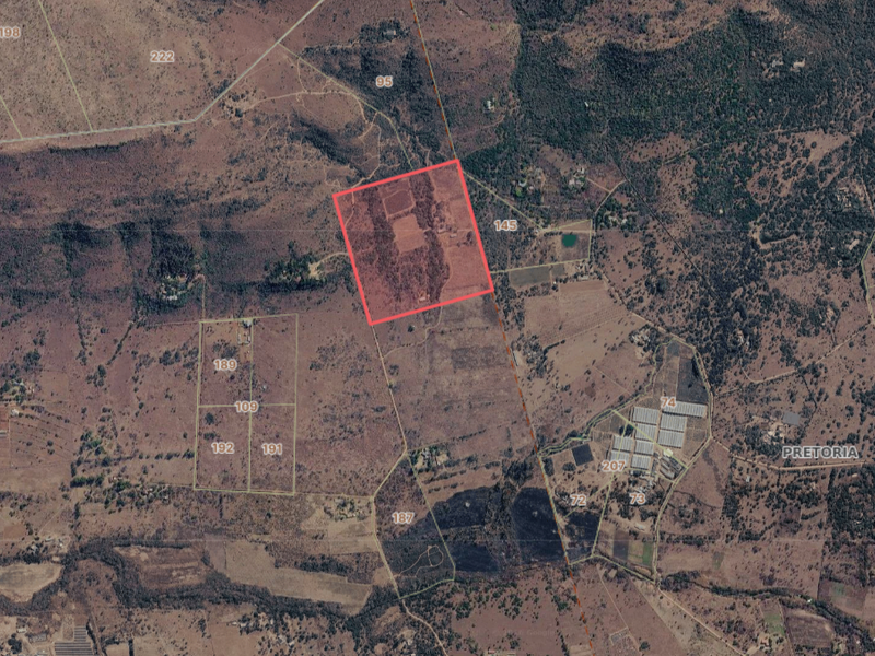 An aerial satellite view showing the property boundaries and surrounding landscape of the farm.