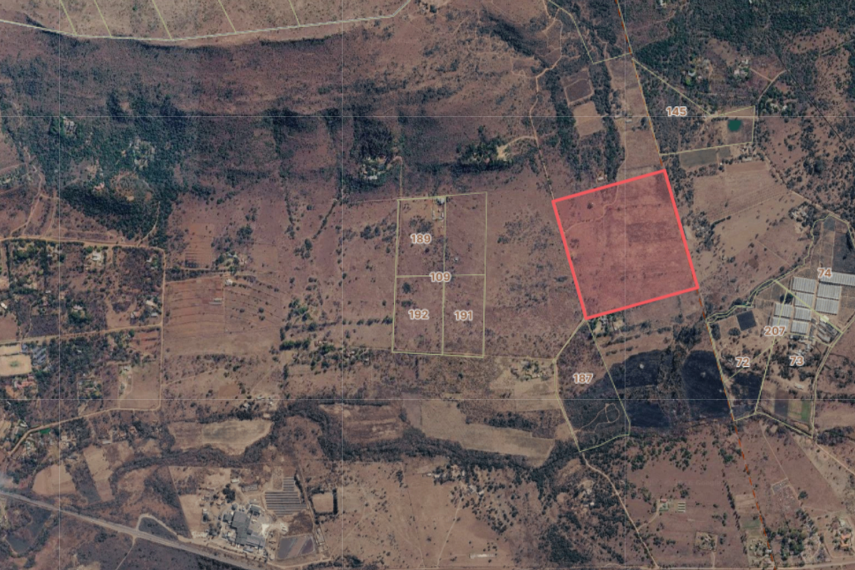 An aerial satellite view showing the property boundaries and surrounding landscape of the farm estate.