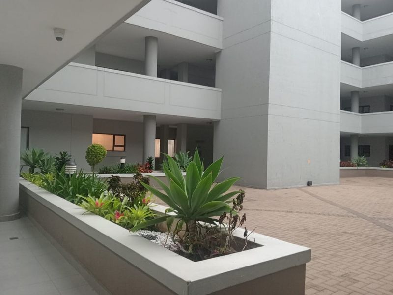 A well-maintained apartment complex courtyard featuring paved walkways, structural concrete columns, and a raised planter bed with established landscaping.