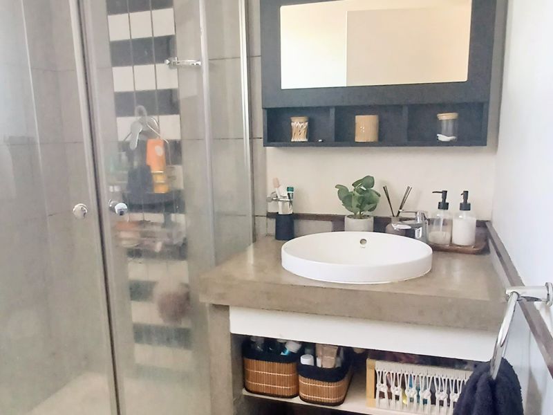 A modern bathroom featuring a glass shower enclosure, a concrete vanity with a vessel sink, and a wall-mounted mirror cabinet.