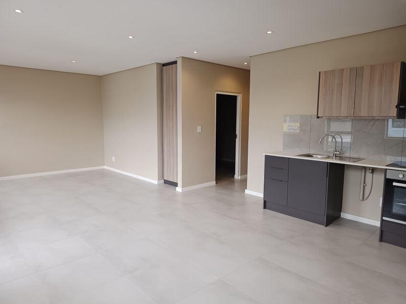 Modern open-plan living area featuring a sleek kitchen with built-in cabinetry, stone countertops, and high-quality tiled flooring throughout.