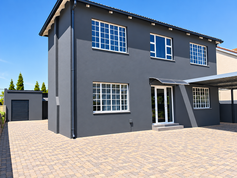 Modern two-story house exterior featuring a dark grey facade, paved driveway, attached carport, and a separate detached garage.