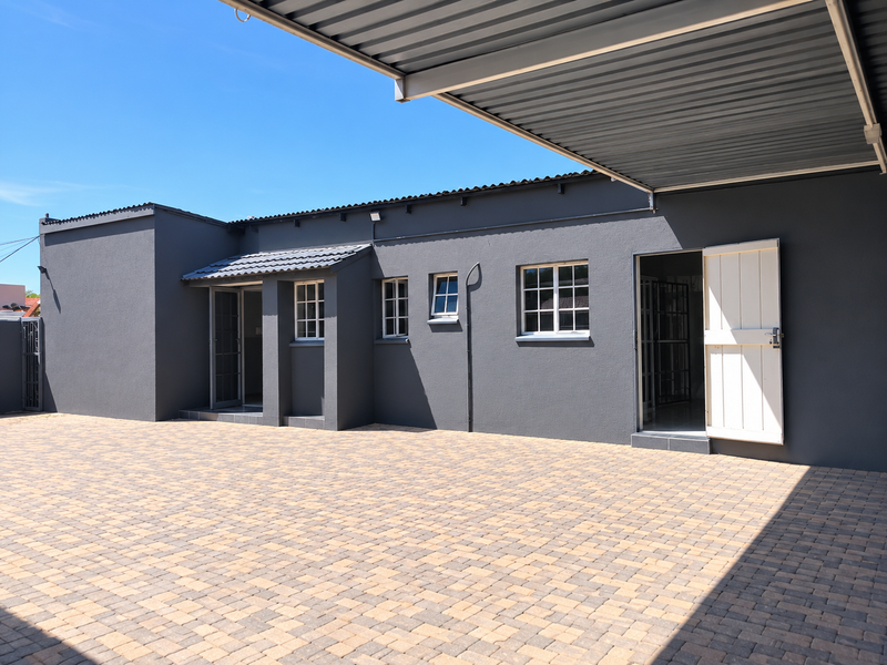 A well-maintained exterior front area featuring a paved driveway, a covered carport, and dark grey painted walls with white-framed windows.