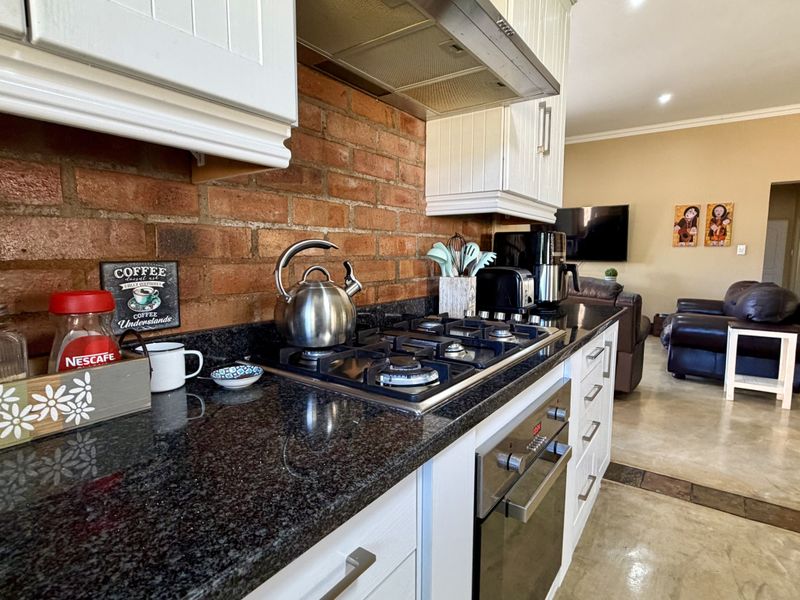 Open plan kitchen featuring granite countertops, exposed brick backsplash, and integrated gas hob, flowing seamlessly into the adjacent living area with polished concrete floors.