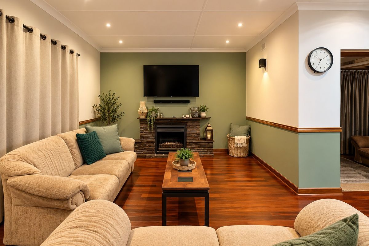 A well-maintained living room featuring hardwood flooring, a stone fireplace, and recessed downlights, finished with a decorative dado rail.