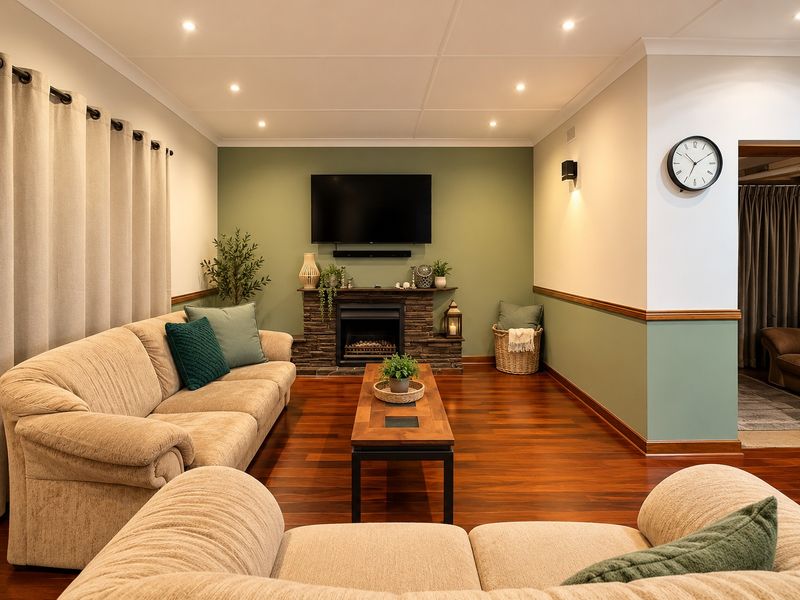 A well-maintained living room featuring hardwood flooring, a stone fireplace, and recessed downlights, finished with a decorative dado rail.