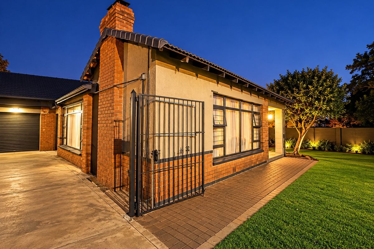 A well-maintained rear exterior view of the house featuring brick masonry, a paved walkway, a secure metal gate, and a manicured lawn at dusk.