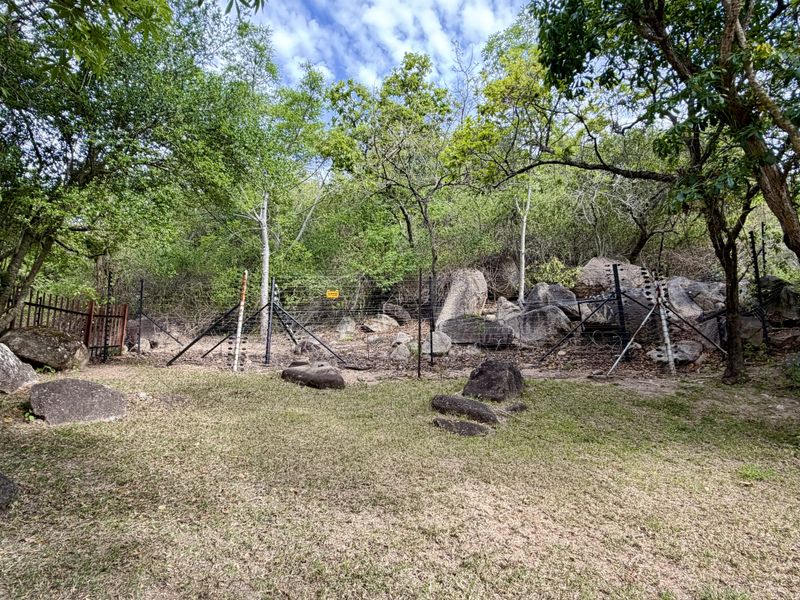 A natural garden area featuring mature trees, large rock formations, and secure perimeter electric fencing.