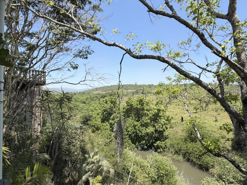 Scenic elevated view overlooking a lush green valley, river, and natural landscape from a wooden deck.