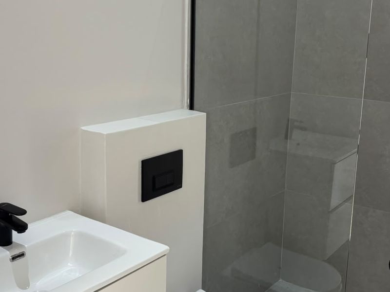 Modern bathroom featuring a wall-hung vanity, wall-hung toilet with concealed cistern, and a walk-in shower with a sleek glass screen and rain shower head.