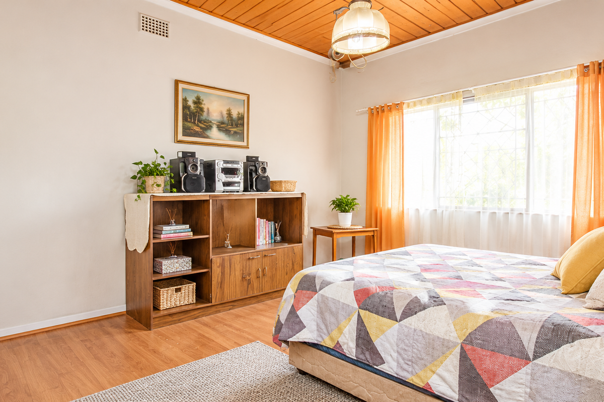 A well-lit bedroom featuring warm timber ceiling paneling, laminate flooring, and a large window with security bars, offering a comfortable and functional living space.