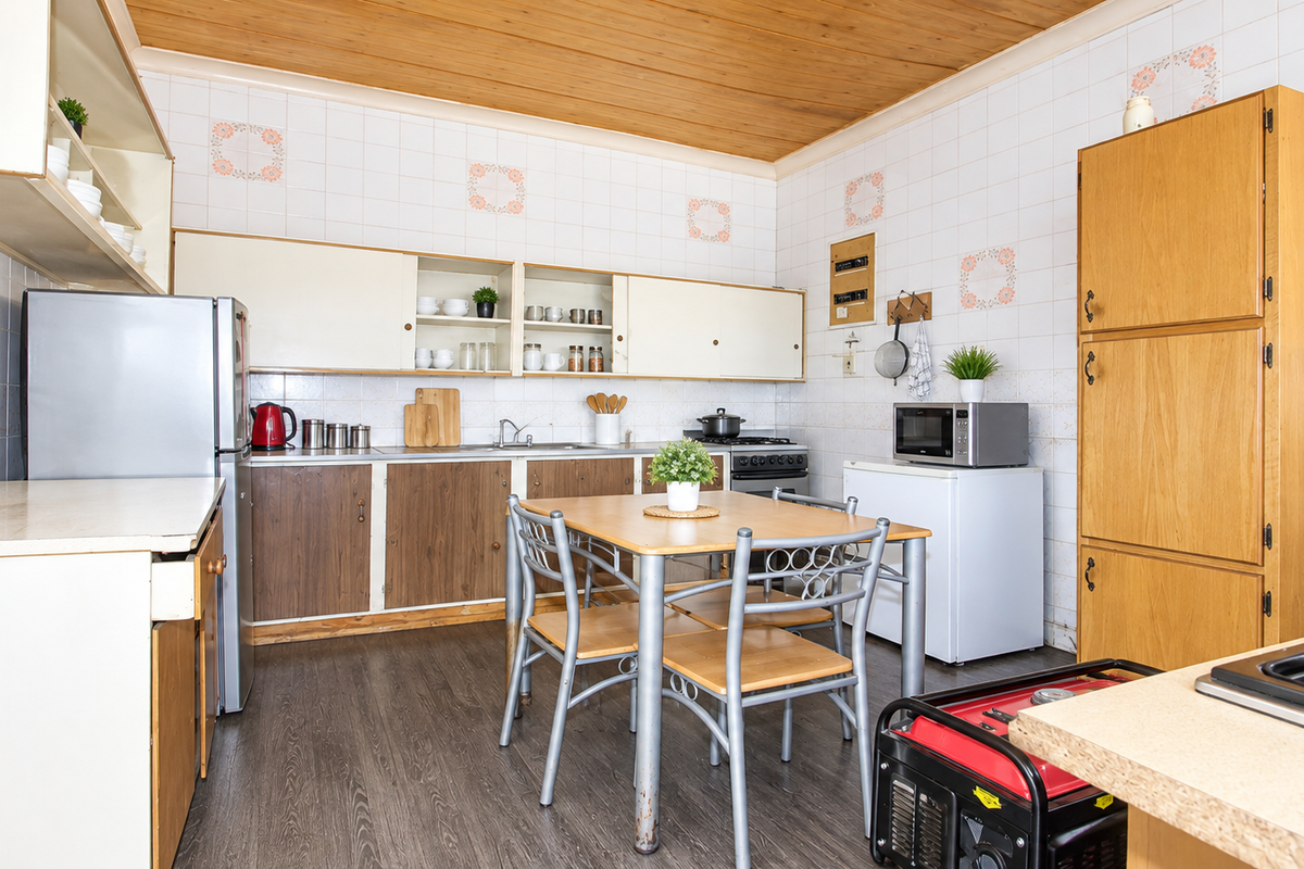 A functional kitchen featuring timber ceiling paneling, tiled splashbacks, built-in cabinetry, and a gas hob, offering a practical layout with potential for modern updates.