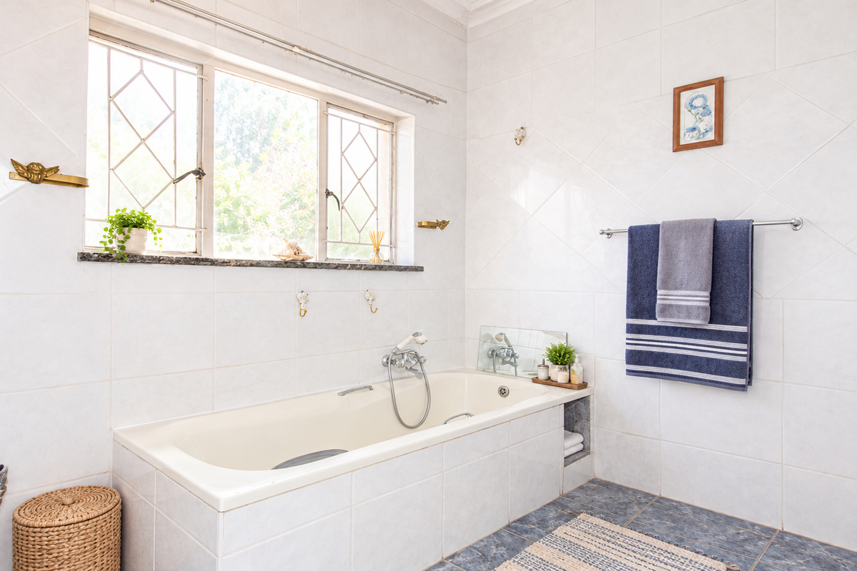 A functional bathroom featuring a built-in bathtub, tiled wall finishes, and a window with security bars.