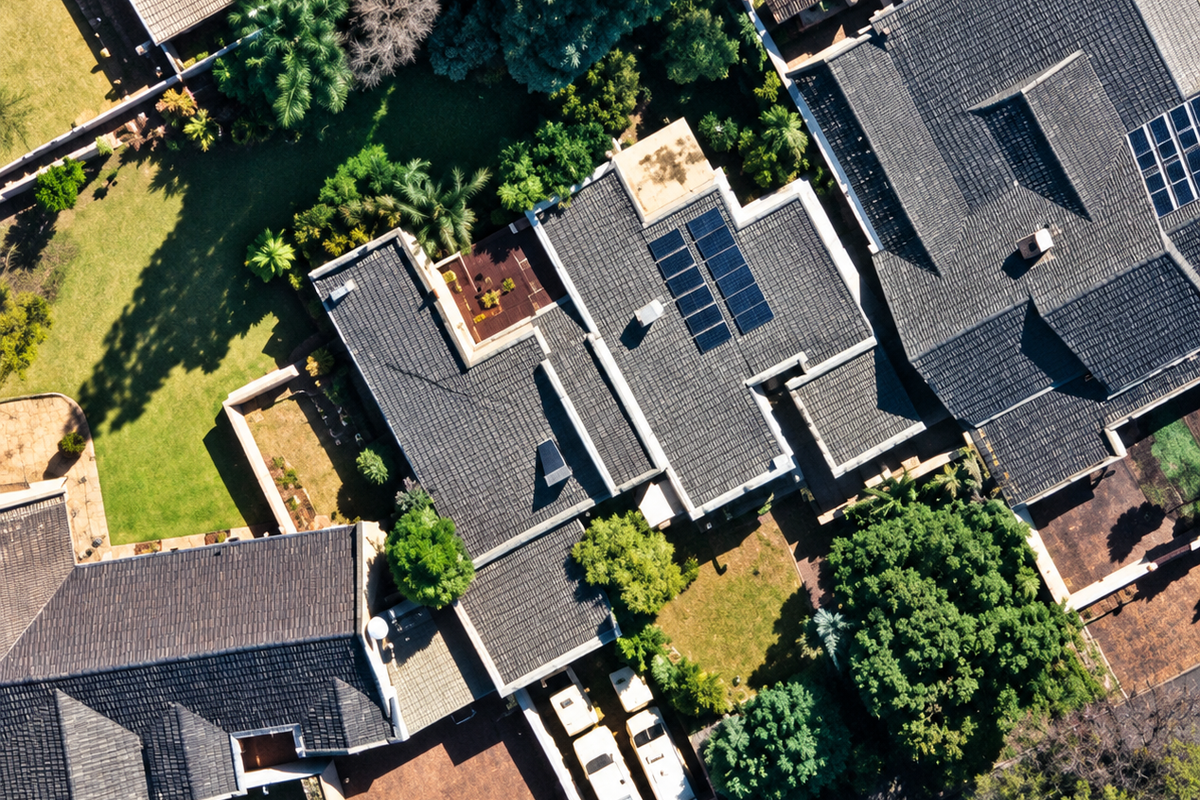 Aerial view of the property showcasing the tiled roof structure, integrated solar panels, paved driveway, and surrounding landscaped garden areas.