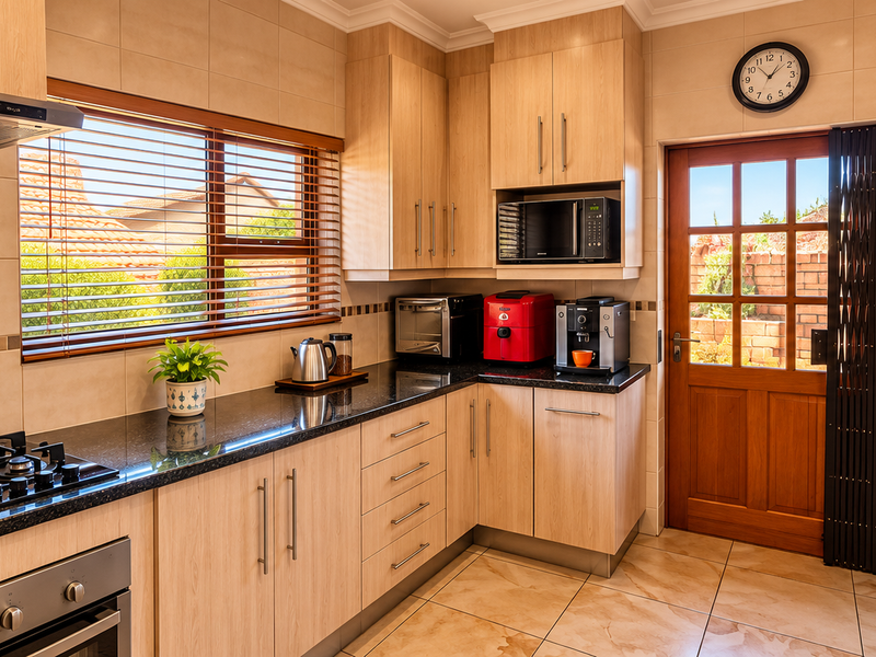 A well-maintained kitchen featuring light wood cabinetry, granite countertops, a gas hob, built-in oven, and direct access to the exterior via a timber door.