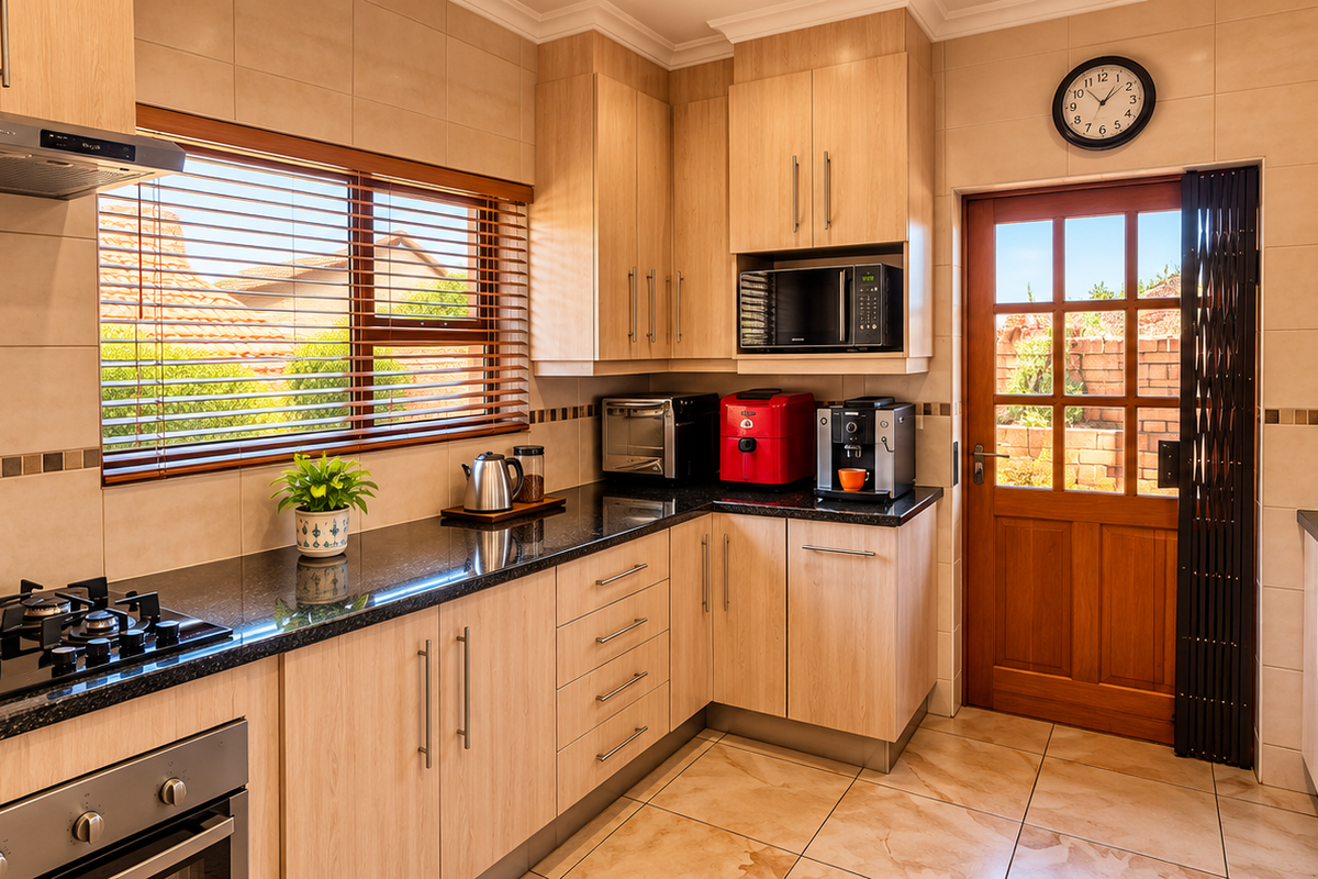 A well-maintained kitchen featuring light wood cabinetry, granite countertops, a gas hob, built-in oven, and direct access to the exterior via a timber door.