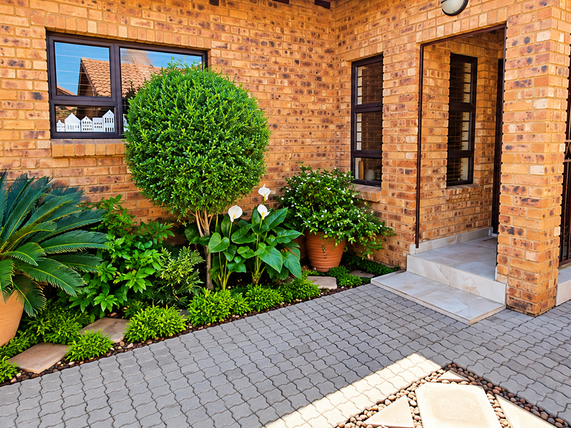 A well-maintained front entrance featuring a face brick facade, paved driveway, and neat landscaping with established shrubs and a secure entrance gate.