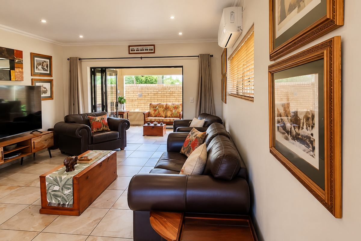 Spacious living room featuring tiled flooring, recessed downlights, and bi-fold doors opening to an outdoor patio area.