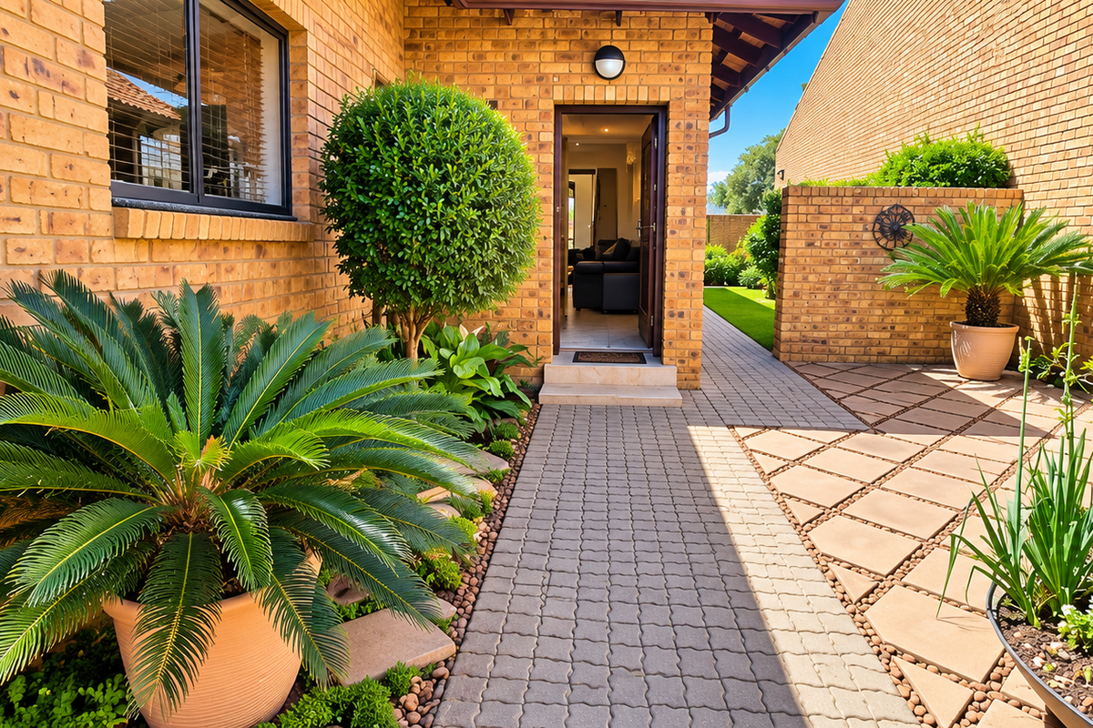 A well-maintained rear exterior area featuring face brick walls, a paved walkway, and a neatly landscaped patio space.