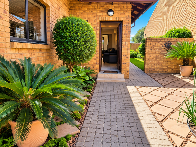 A well-maintained rear exterior area featuring face brick walls, a paved walkway, and a neatly landscaped patio space.