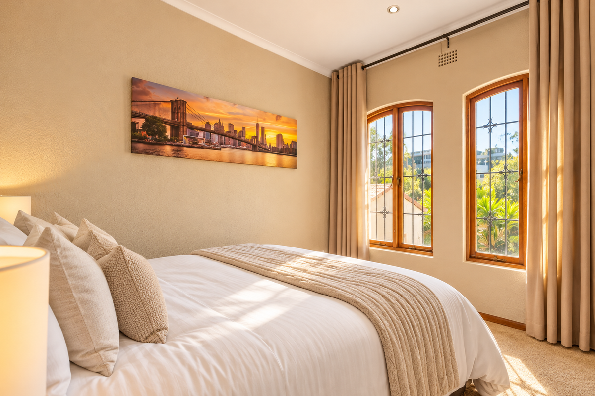 A well-maintained bedroom featuring arched timber-framed windows with security bars, recessed downlighting, and neutral carpeted flooring, offering a warm and inviting atmosphere.