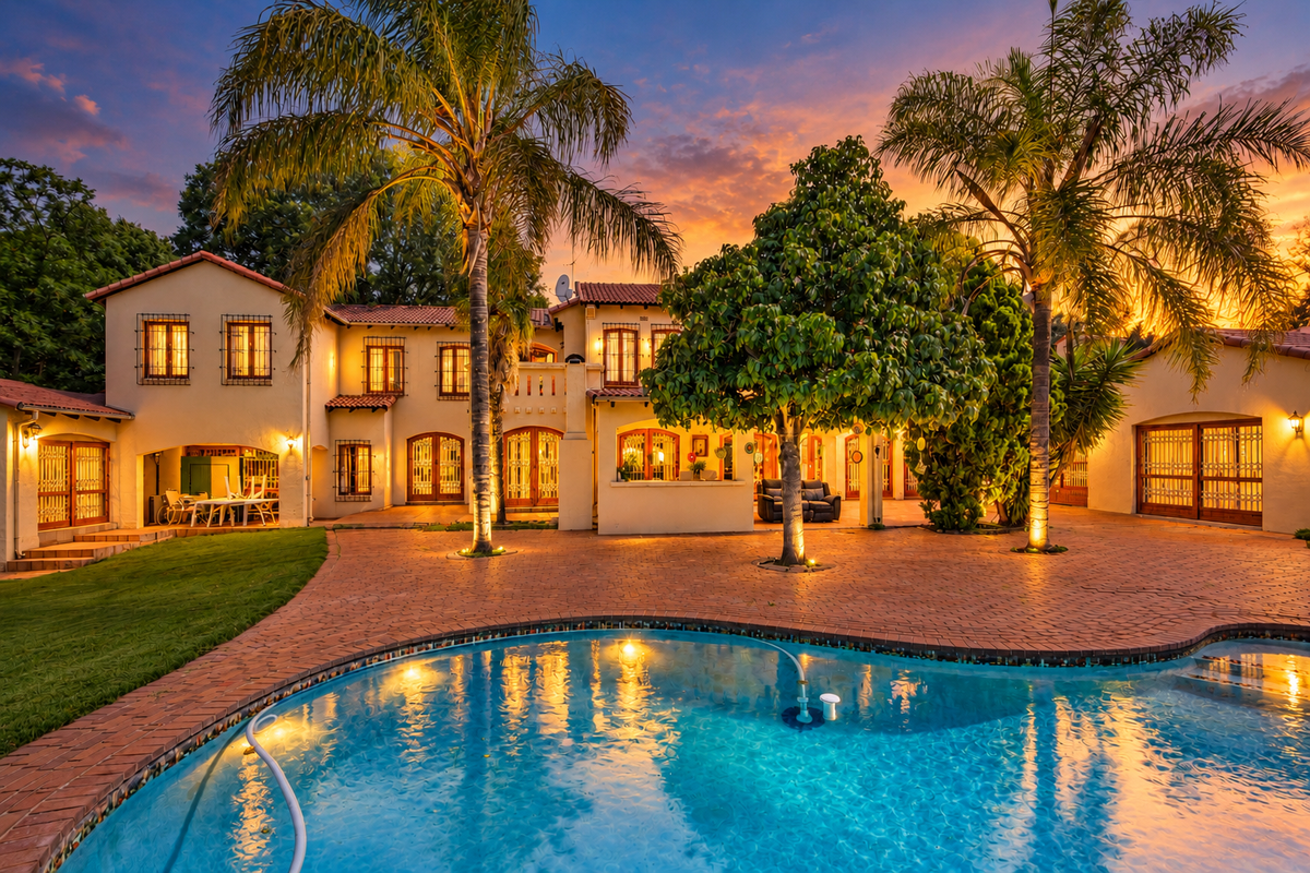 A stunning rear exterior view of a Mediterranean-style home featuring a large swimming pool, expansive brick-paved patio, and mature landscaping at sunset.