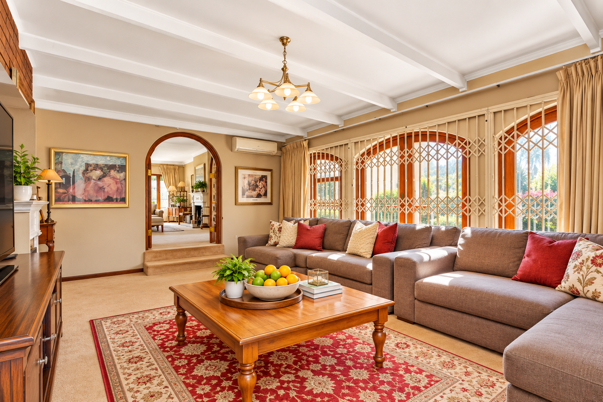 Spacious living room featuring exposed ceiling beams, an arched doorway leading to an adjacent room, and large arched windows with integrated security gates.