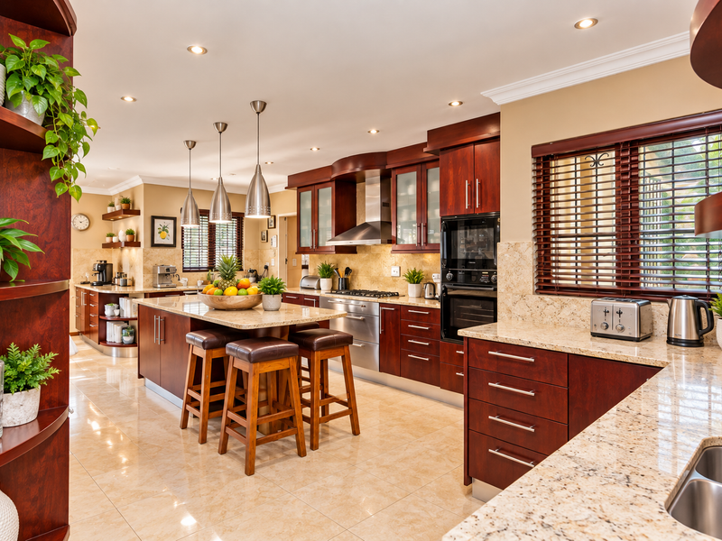 Spacious, well-appointed kitchen featuring rich wooden cabinetry, granite countertops, integrated stainless steel appliances, and a central island with breakfast bar seating.