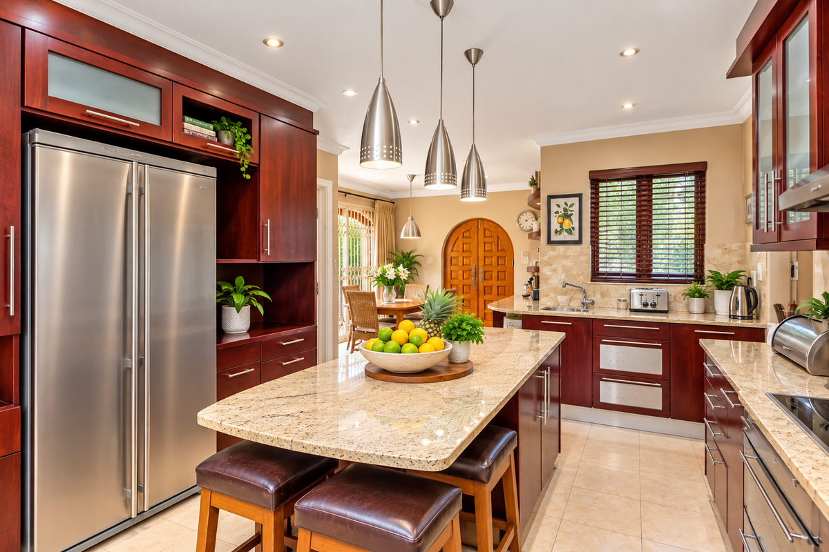 A well-appointed kitchen featuring rich cherry wood cabinetry, granite countertops, a central island with breakfast seating, and modern stainless steel appliances.