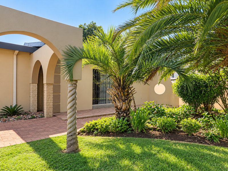 A well-maintained rear garden area featuring a brick-paved patio, arched architectural details, and mature landscaping with a prominent palm tree.