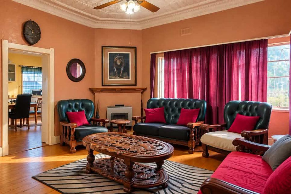 A spacious living room featuring original ornate ceilings, hardwood flooring, and a fireplace, offering a classic character aesthetic with potential for modern updates.